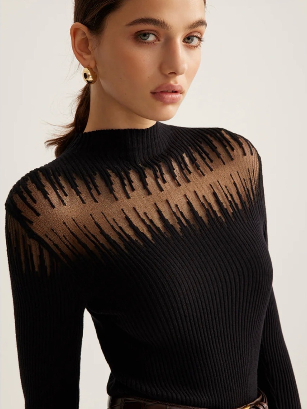 Commense Black Ribbed Mock Neck Sweater with Sheer Yoke